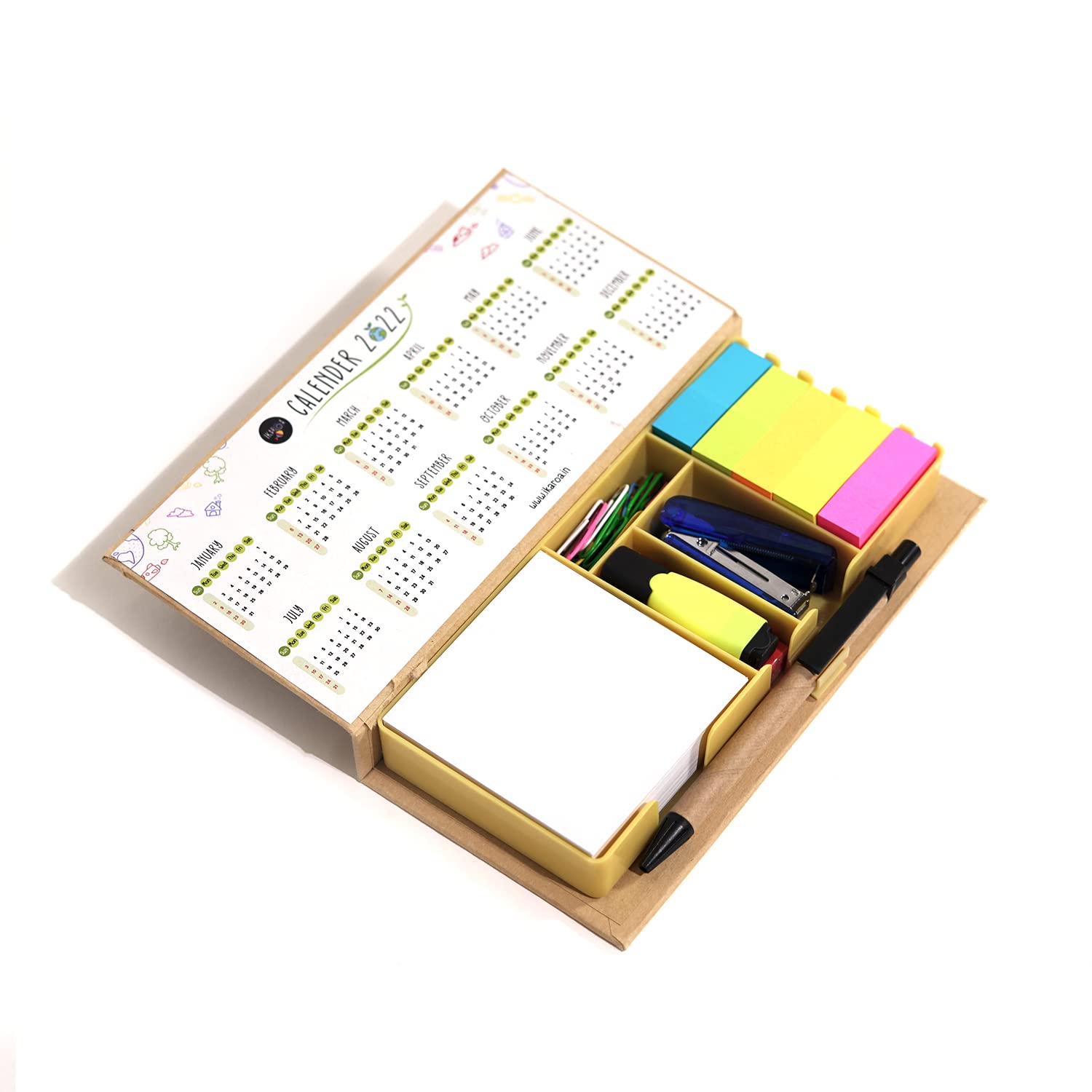 Stationary Box with Sticky notes pad /Memo Book, Calendar, highlighter, eraser, stapler, Sticky Notes & paper Clip Holder with Pen for Gifting
