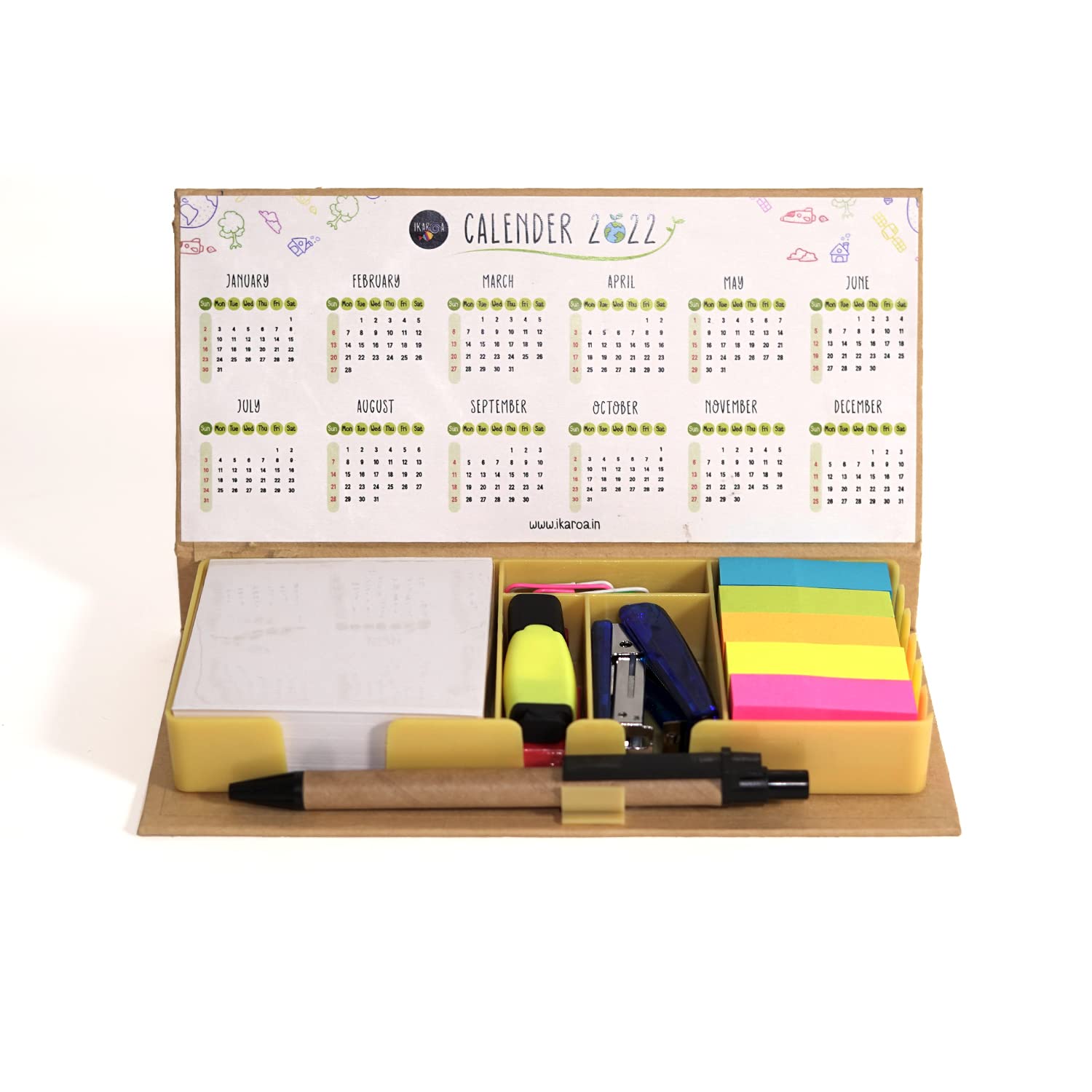 Stationary Box with Sticky notes pad /Memo Book, Calendar, highlighter, eraser, stapler, Sticky Notes & paper Clip Holder with Pen for Gifting