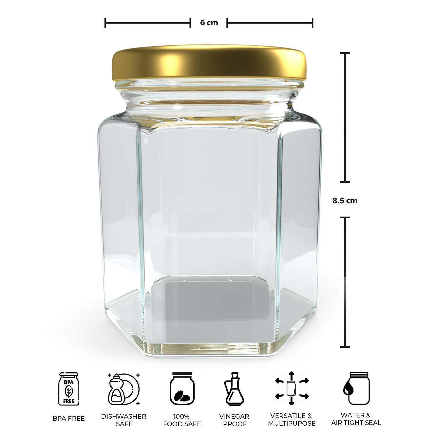 Hexagon Glass Jar & Container with Rust Free Air Tight Lid, Suitable for Use in Your Home Office, Kitchen Storage/Glass Jar for Kitchen