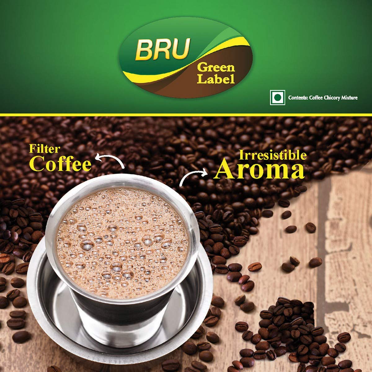 BRU Green Label Filter Coffee Powder 500 g Pouch, Lightly Roasted Ground Coffee Beans from South India - Rich & Strong Blend of Coffee & Chicory