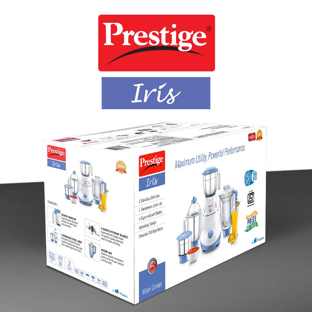 Prestige Iris 750 Watt Mixer Grinder with 3 Stainless Steel Jar + 1 Juicer Jar