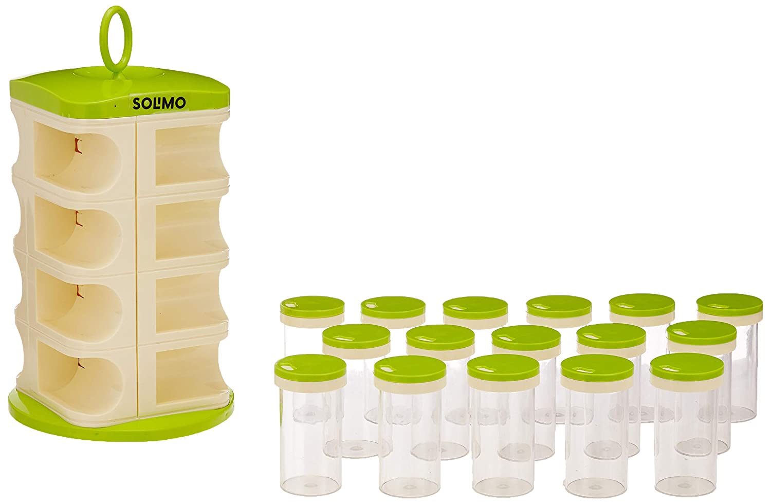 Amazon Brand - Solimo Revolving Plastic Spice Rack set (16 pieces,Silver)